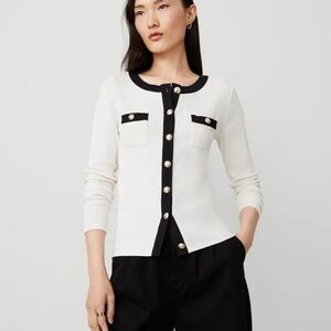 Ann Taylor White Cardigan with Black Trim and Gold Buttons